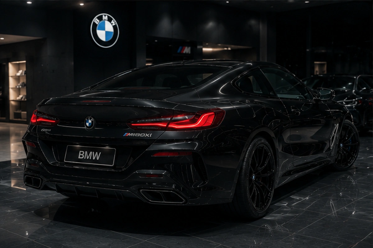 Black BMW M850 rear three-quarter view available for premium car rental in Bucharest Romania