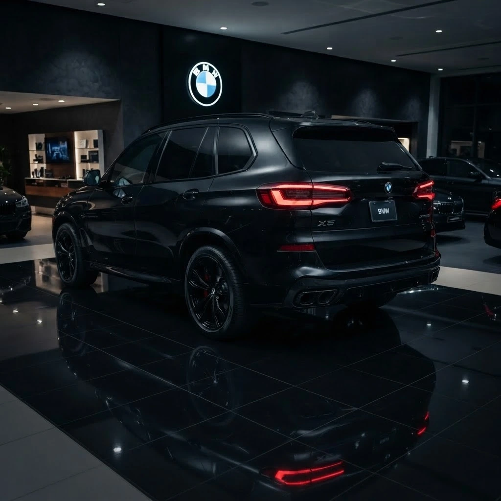 Black BMW X5 rear three-quarter view available for luxury SUV rental in Bucharest Romania