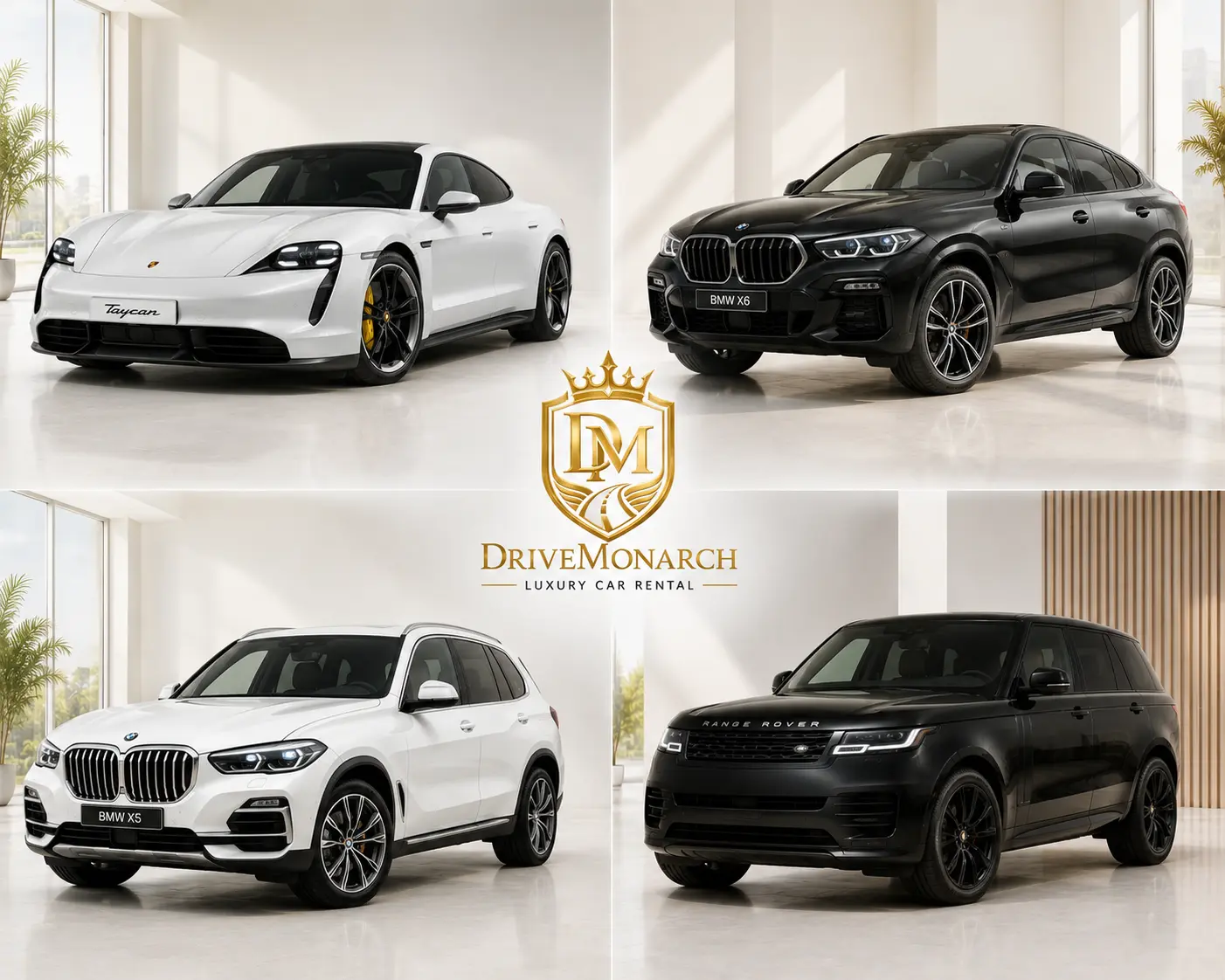DriveMonarch luxury car rental fleet in Bucharest featuring Porsche Taycan BMW X6 BMW X5 and Range Rover Sport