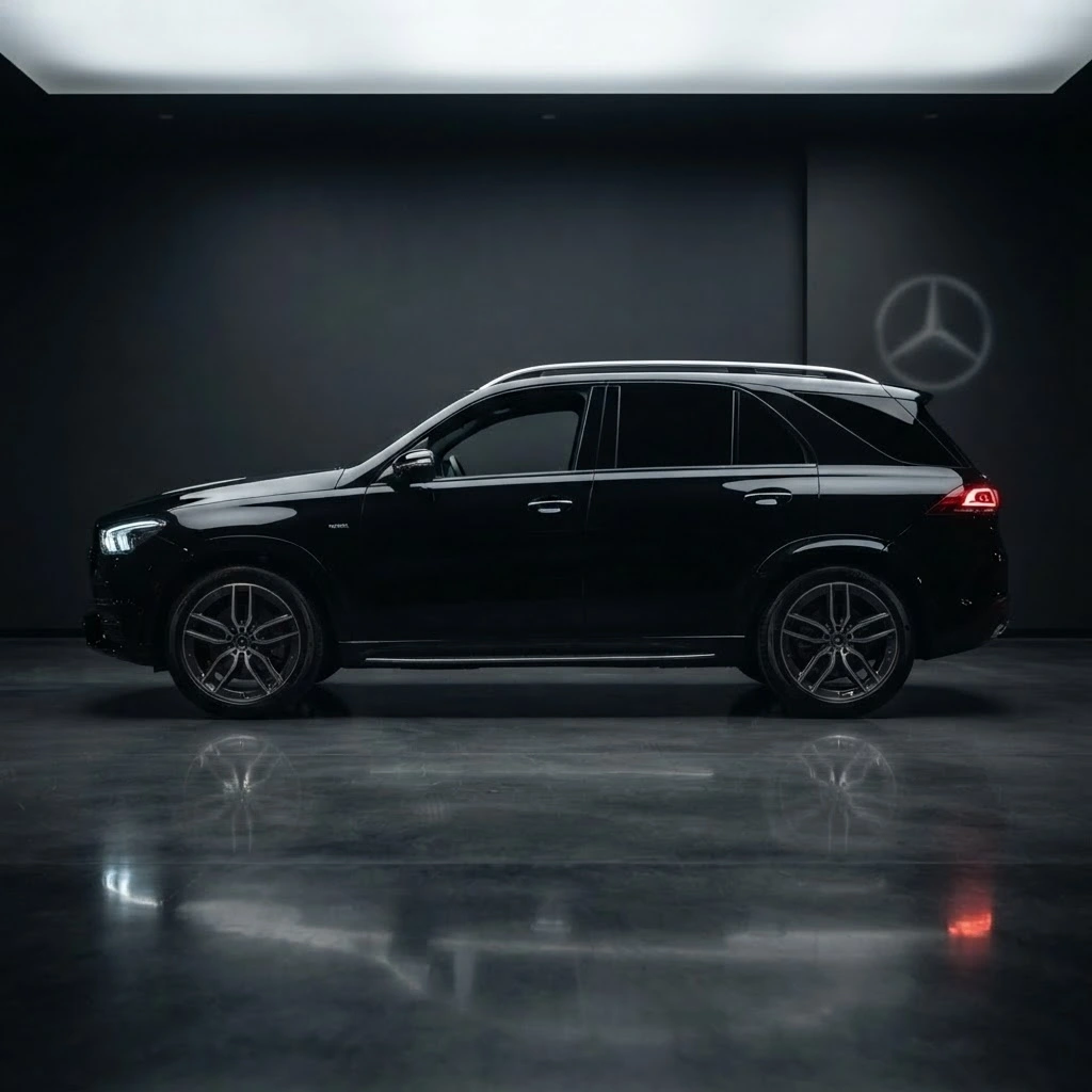 Black Mercedes-Benz GLE 450 side profile available for premium SUV rental in Bucharest Romania