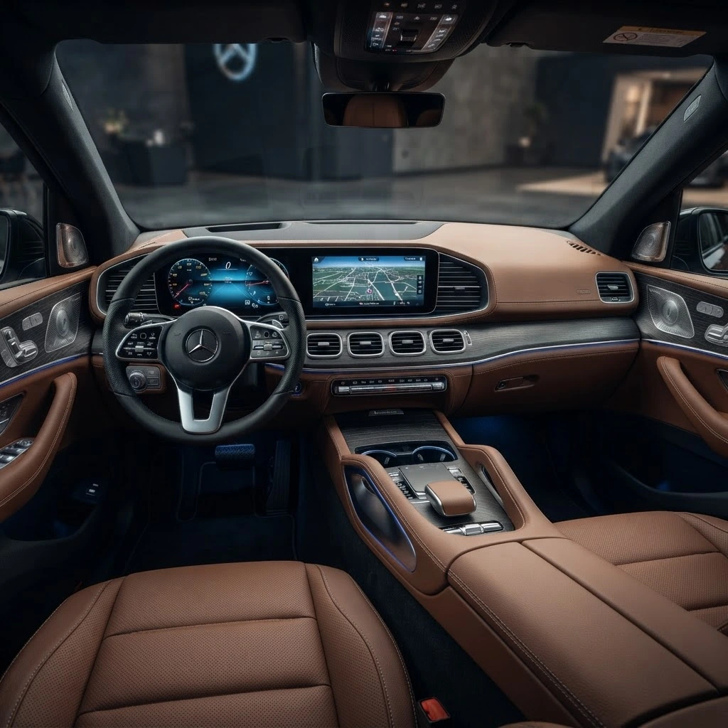 Mercedes-Benz GLE 450 brown leather interior and digital cockpit available for luxury SUV rental in Bucharest Romania