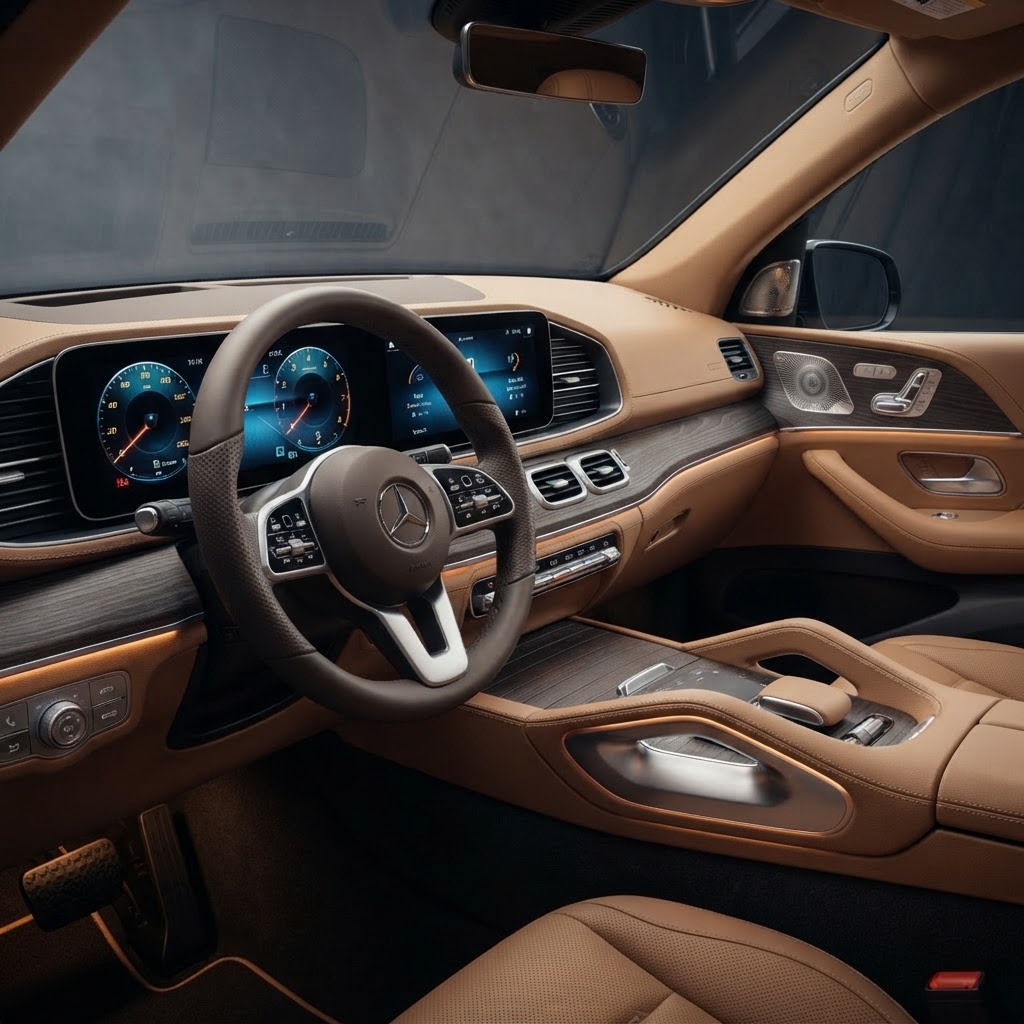 Mercedes-Benz GLS 450 tan leather interior and digital cockpit available for luxury SUV rental in Bucharest Romania