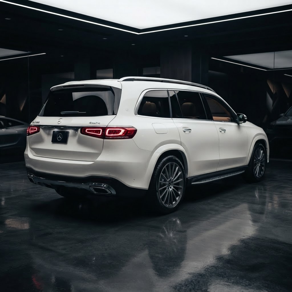 White Mercedes-Benz GLS 450 rear three-quarter view available for luxury SUV rental in Bucharest Romania