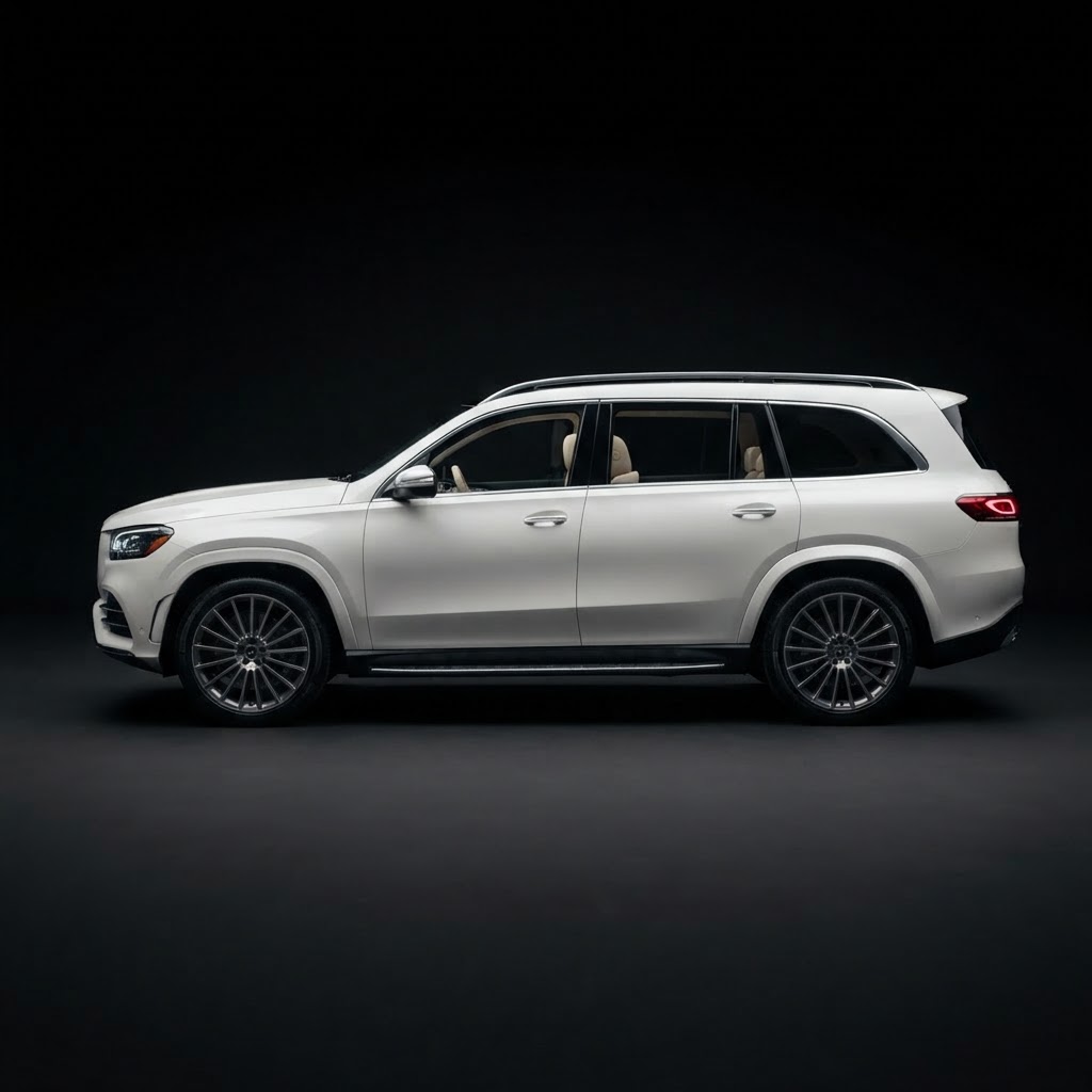 White Mercedes-Benz GLS 450 side profile available for premium SUV rental in Bucharest Romania
