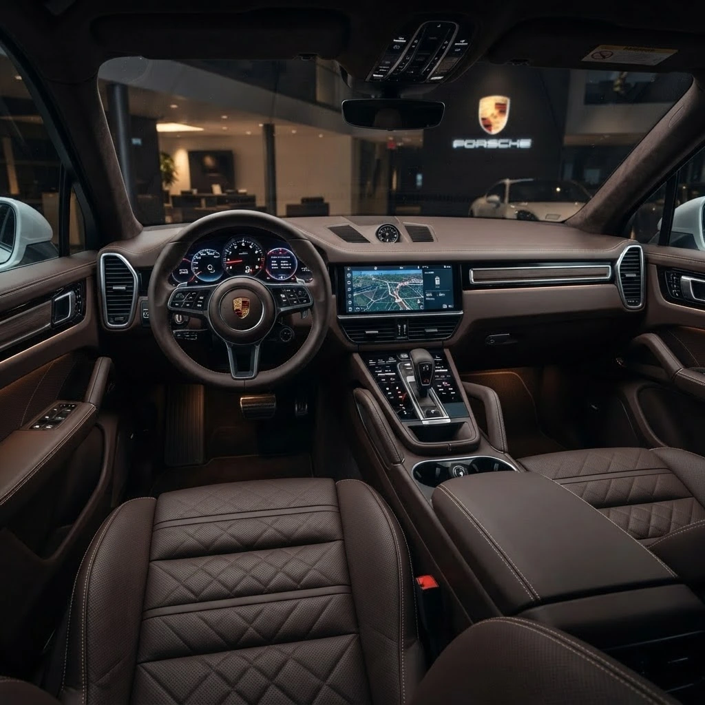 Porsche Cayenne brown leather interior and driver cockpit available for luxury SUV rental in Bucharest Romania