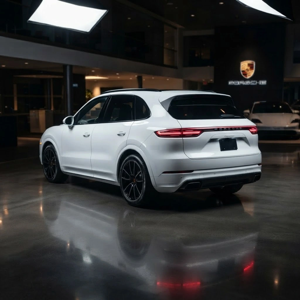 White Porsche Cayenne rear three-quarter view available for luxury SUV rental in Bucharest Romania