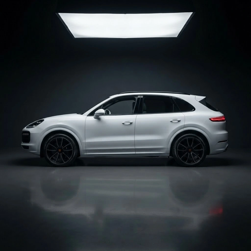 White Porsche Cayenne side profile available for luxury SUV rental in Bucharest Romania