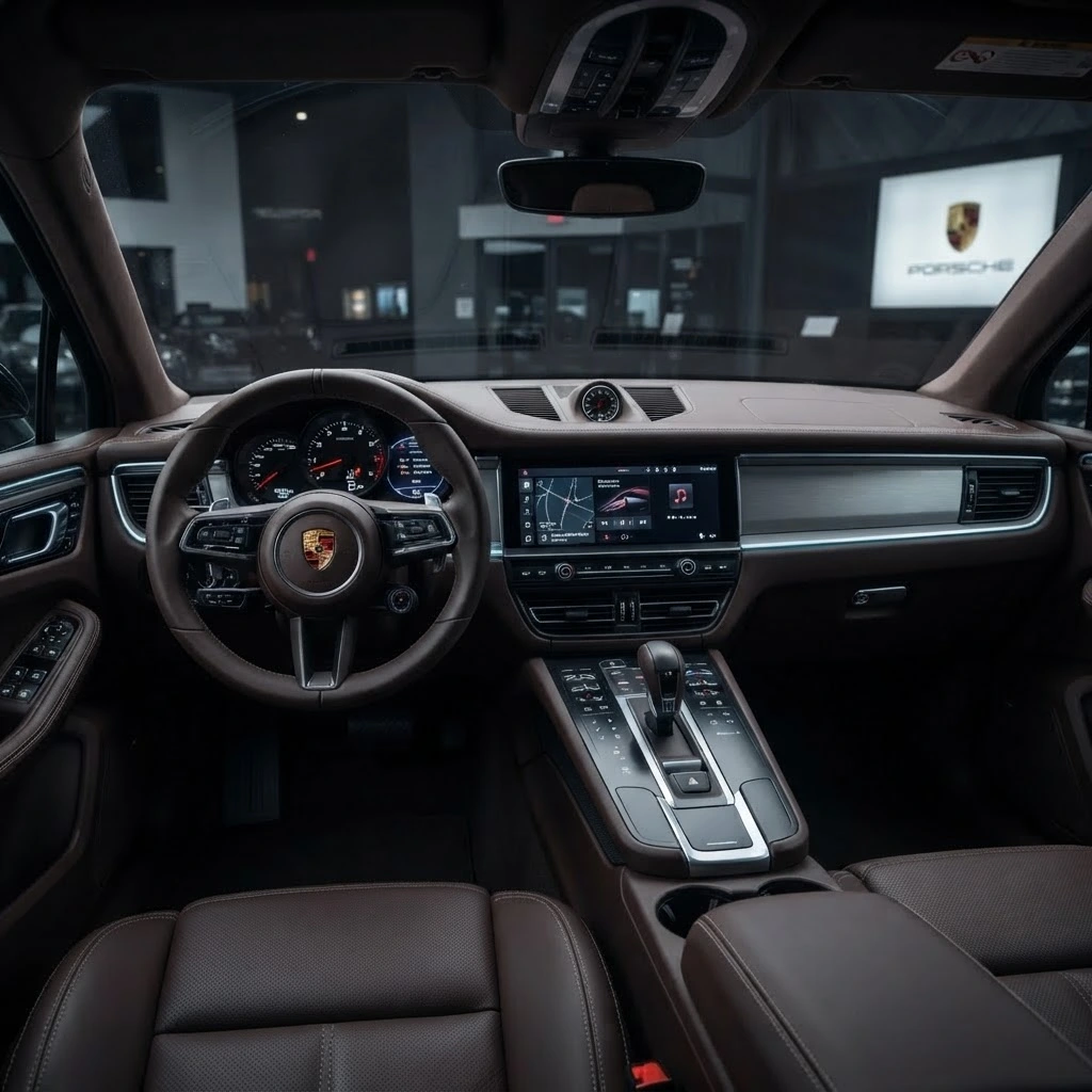 Porsche Macan premium interior and driver cockpit available for luxury SUV rental in Bucharest Romania
