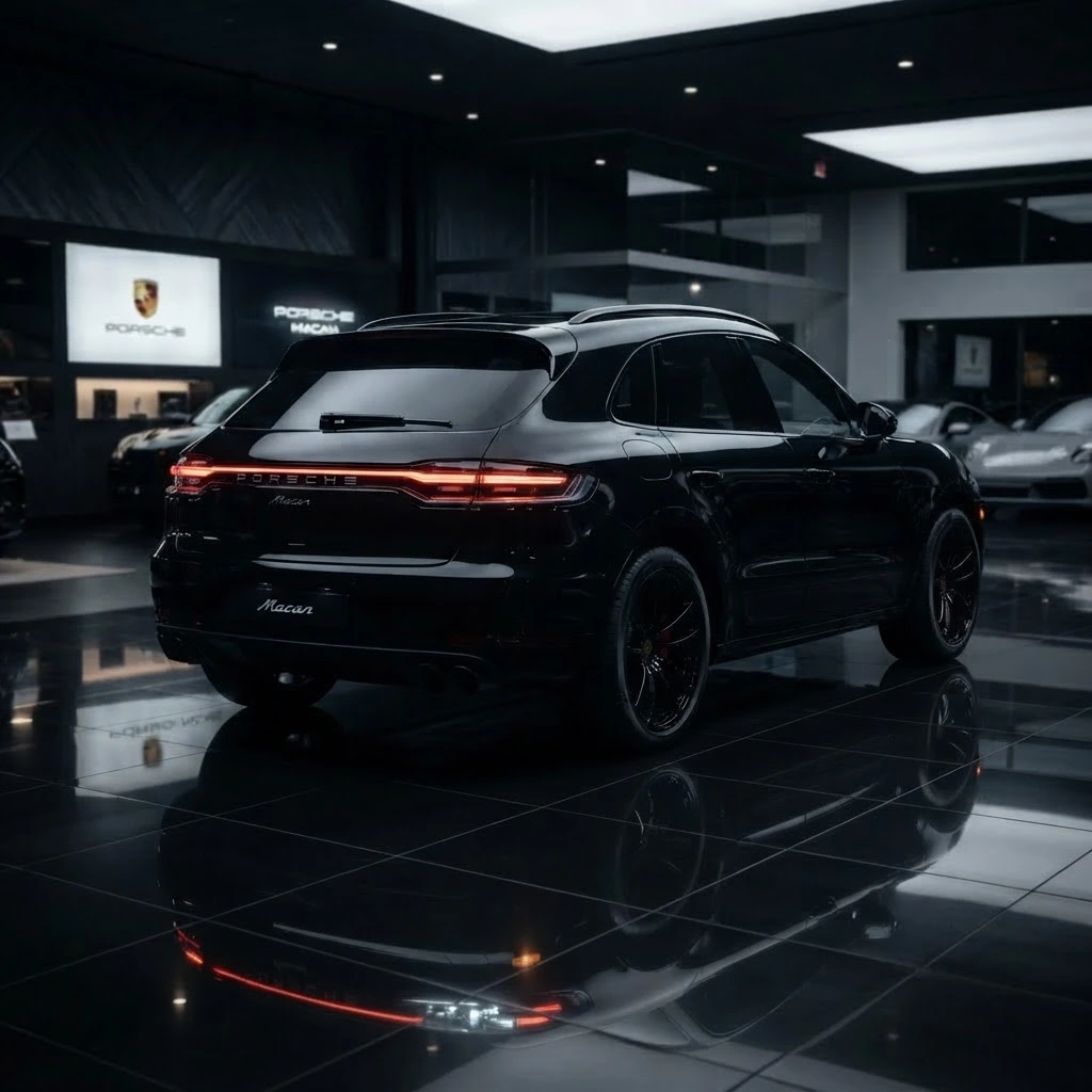 Black Porsche Macan rear three-quarter view available for luxury SUV rental in Bucharest Romania