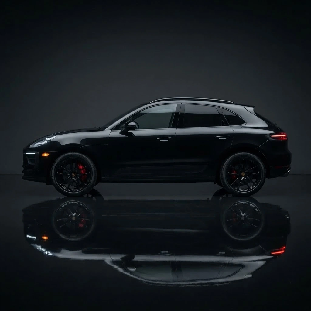 Black Porsche Macan side profile available for compact luxury SUV rental in Bucharest Romania
