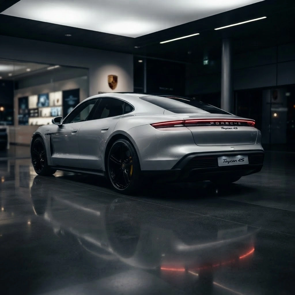 Silver Porsche Taycan 4S rear view available for luxury car rental in Bucharest Romania