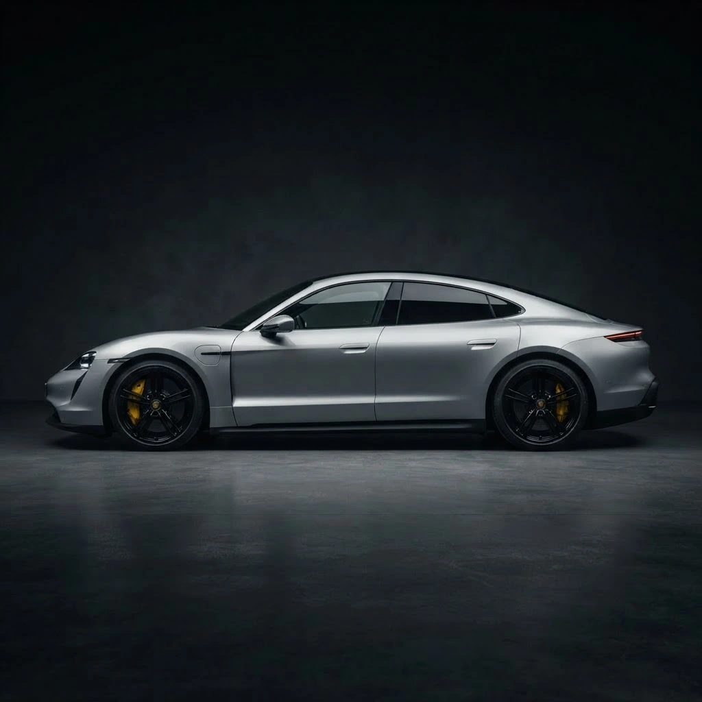 Silver Porsche Taycan 4S side profile available for luxury electric car rental in Bucharest Romania
