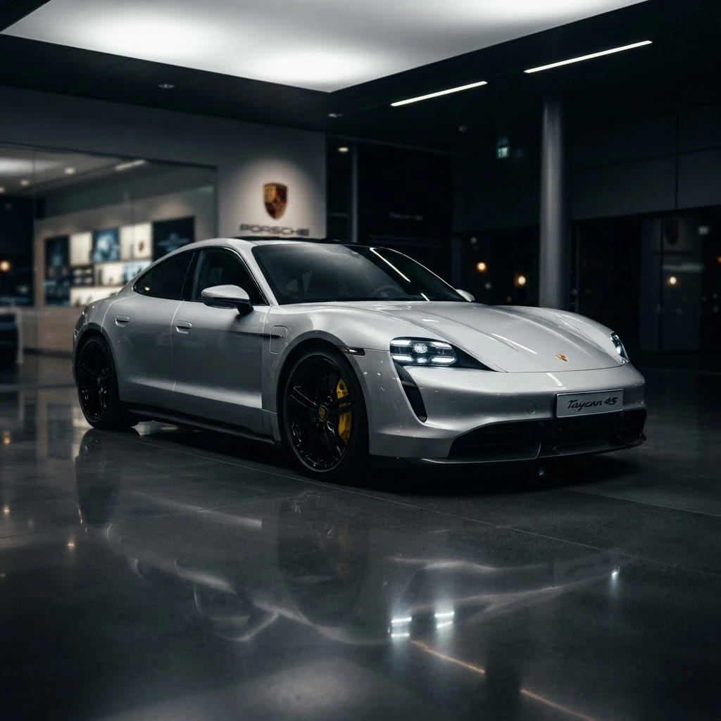 Silver Porsche Taycan Turbo in a luxury showroom, available for luxury car rental in Bucharest, Romania