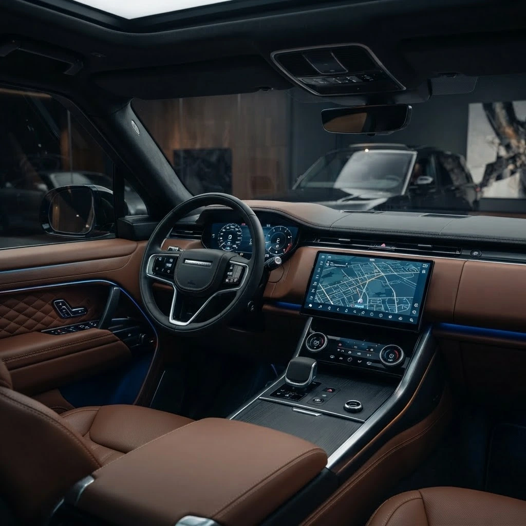 Range Rover Sport brown leather interior and digital cockpit available for luxury SUV rental in Bucharest Romania