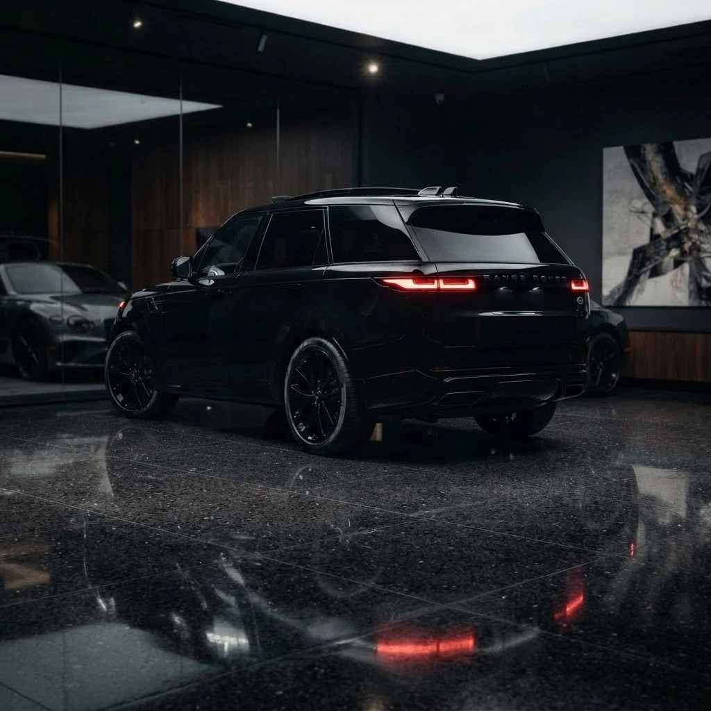 Black Range Rover Sport rear three-quarter view available for luxury SUV rental in Bucharest Romania